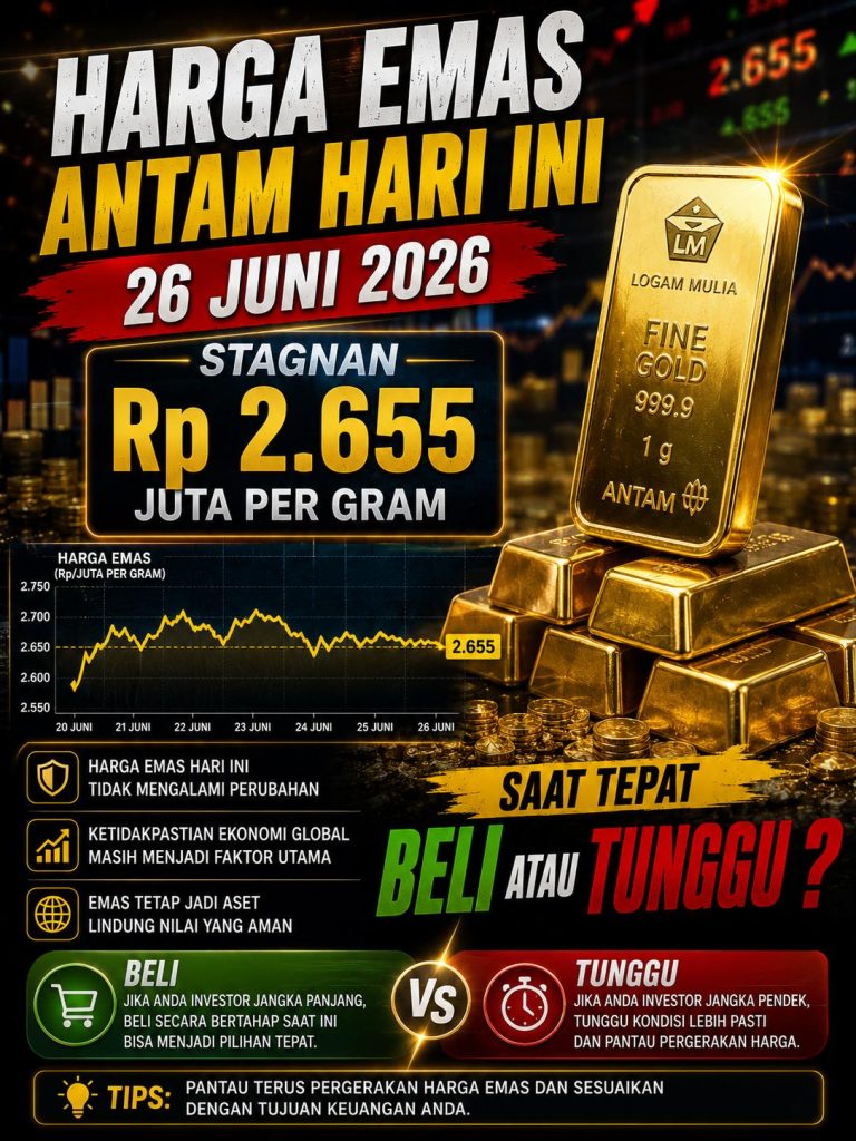 Harga Emas Antam Hari Ini 26 Juni 2026 Stagnan di Rp2,655 Juta per Gram, Saat Tepat Beli atau Tunggu?